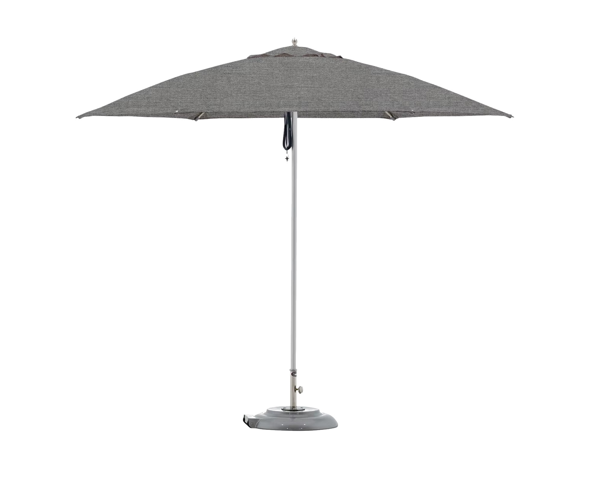 A grey outdoor umbrella designed to withstand strong wind