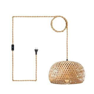 A light rattan hanging pendant light with a light brown cord in a square shape