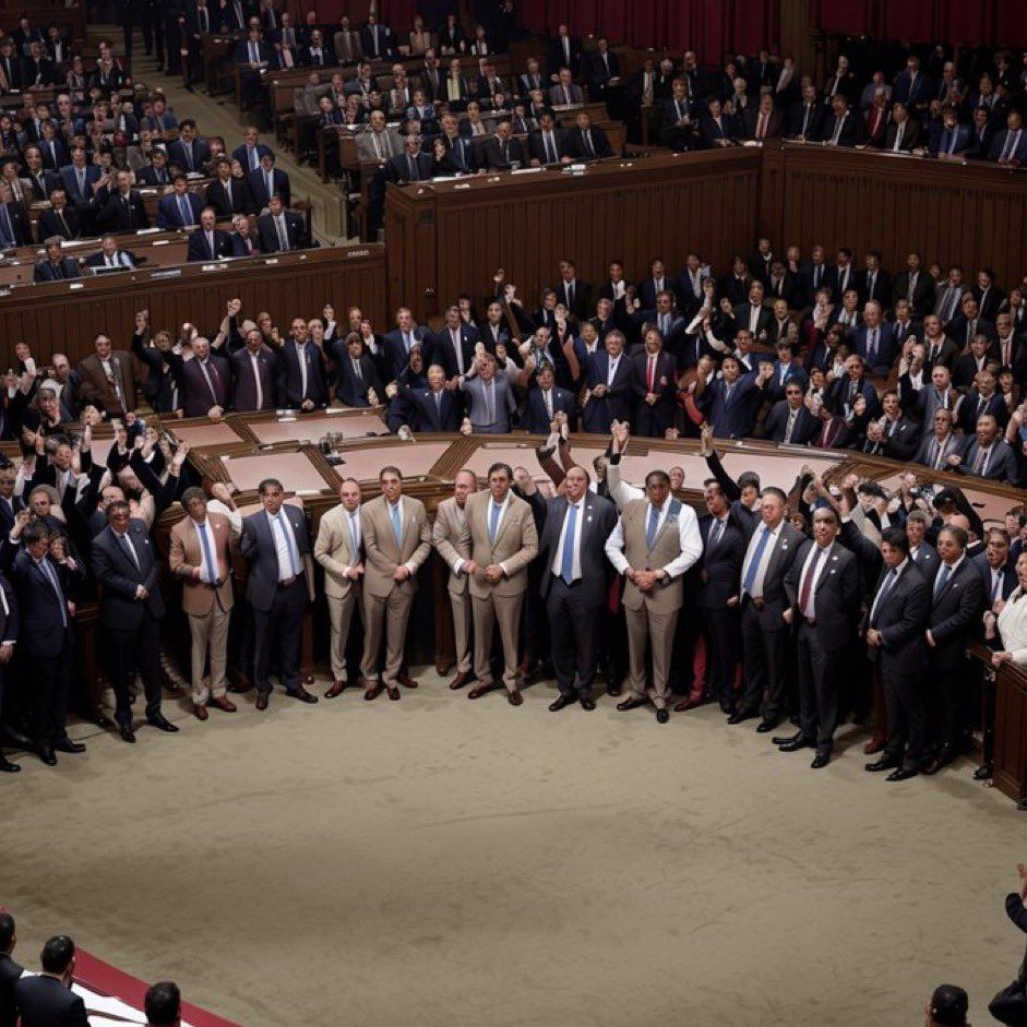 AI generated art using Stable Diffusion showing a government congregation, hiding the word resist