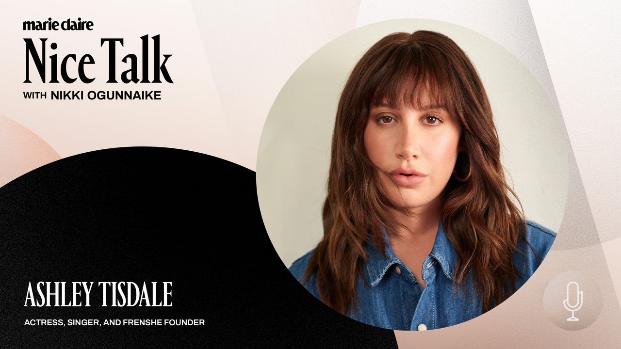 a headshot of ashley tisdale with brown hair and bangs wearing a denim shirt with a treated backdrop of nice talk podcast