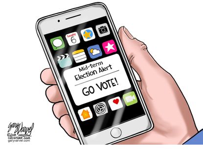 Political cartoon U.S. phone alert midterm election go vote