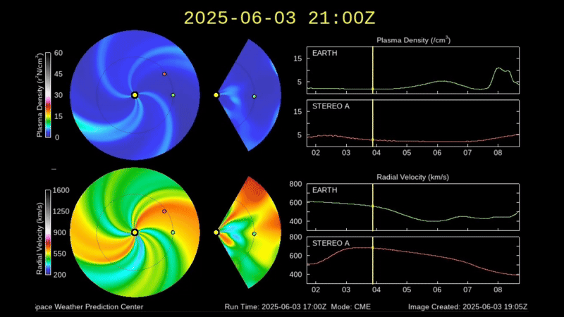 gif animation showing a cme leaving the sun and heading to Earth where it strikes our planet on June 7.