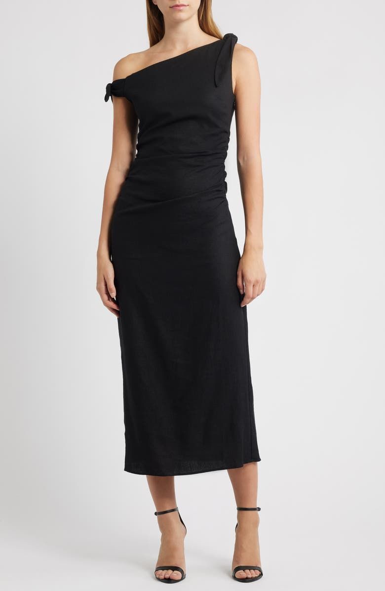 Clio Tie Shoulder Linen Blend Midi Dress