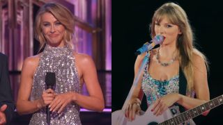 From left to right: screenshots of Julianne Hough hosing Dancing with the Stars and Taylor Swift talking into the microphone holding a guitar during the Eras Tour.