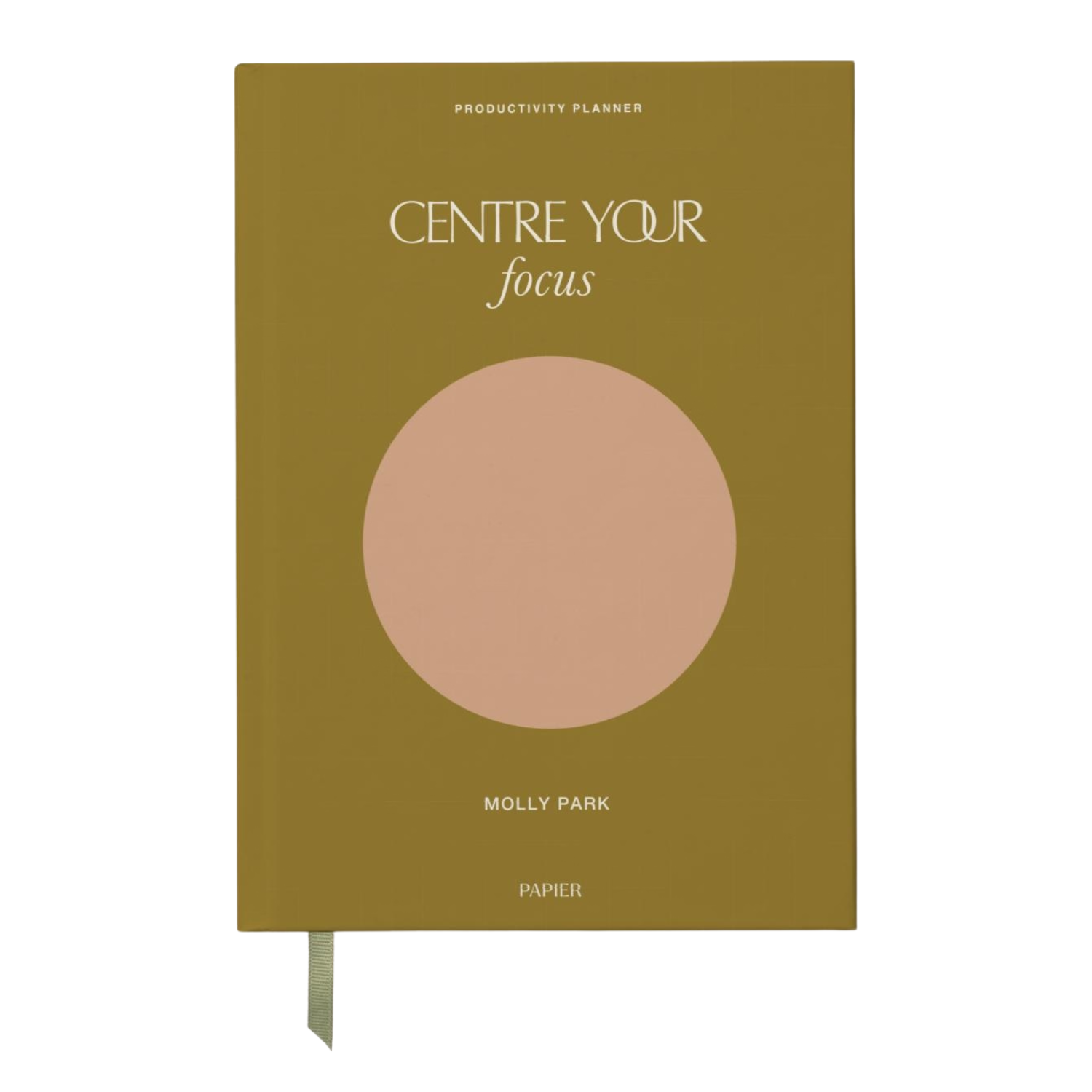 An olive green journal with a tan circle in the middle