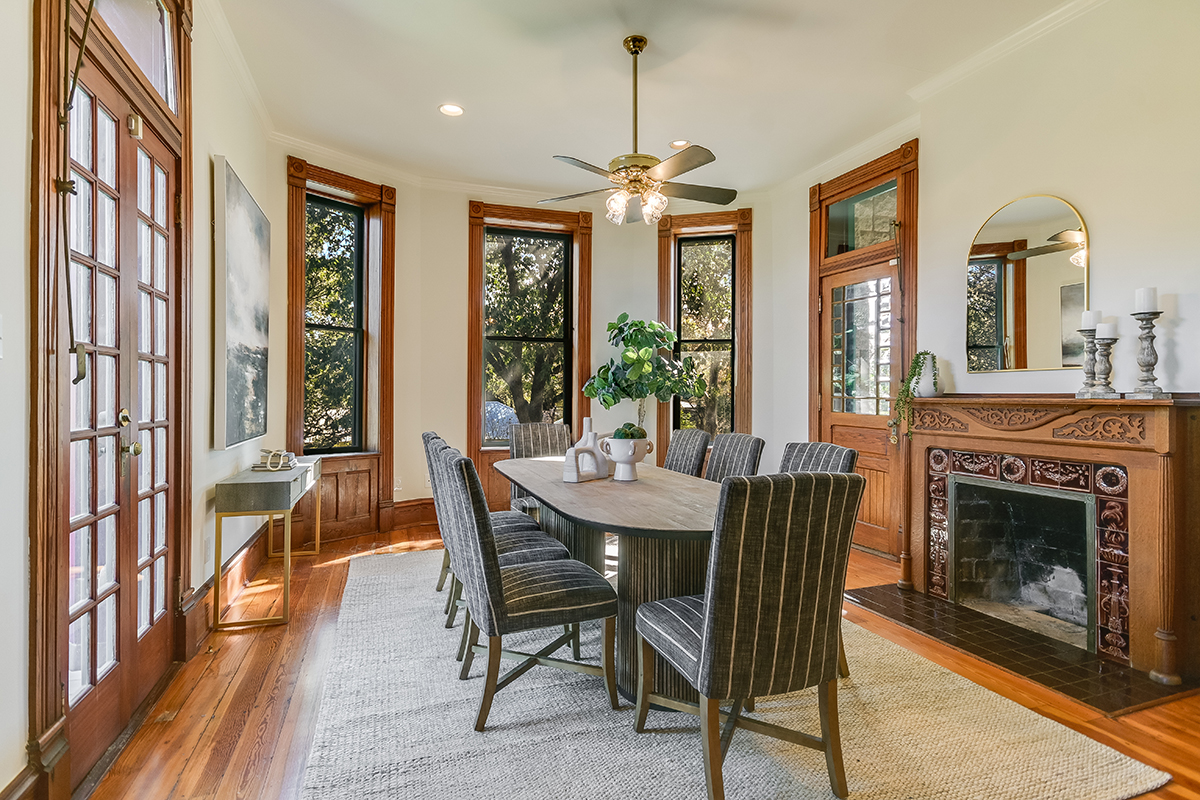 Dining room with a fireplace