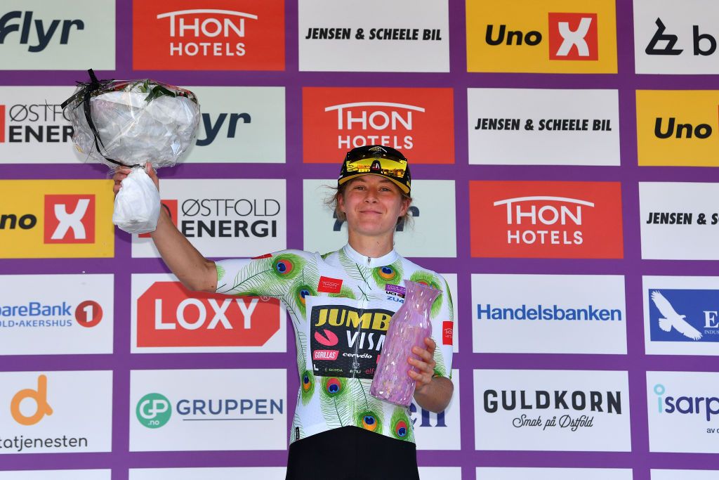 HALDEN NORWAY AUGUST 14 Amber Kraak of Netherlands and Jumbo Visma Team Queen of the mountains jersey celebrates at podium during the 8th Tour of Scandinavia 2022 Battle Of The North Stage 6 a 1543km stage from Lillestrm to Halden UCIWWT tourofscandinavia TOSC22 on August 14 2022 in Halden Norway Photo by Luc ClaessenGetty Images