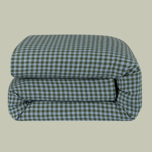 Piglet in Bed, Fern Green &amp;amp; Dusk Blue Colour Drenched Gingham Linen Blend Duvet Cover