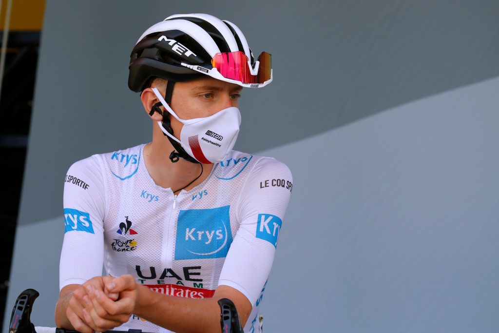 MERIBEL FRANCE SEPTEMBER 16 Start Tadej Pogacar of Slovenia and UAE Team Emirates White Best Young Jersey Mask Covid safety measures Team Presentation during the 107th Tour de France 2020 Stage 17 a 170km stage from Grenoble to Mribel Col de la Loze 2304m TDF2020 LeTour on September 16 2020 in Mribel France Photo by Christophe Ena PoolGetty Images