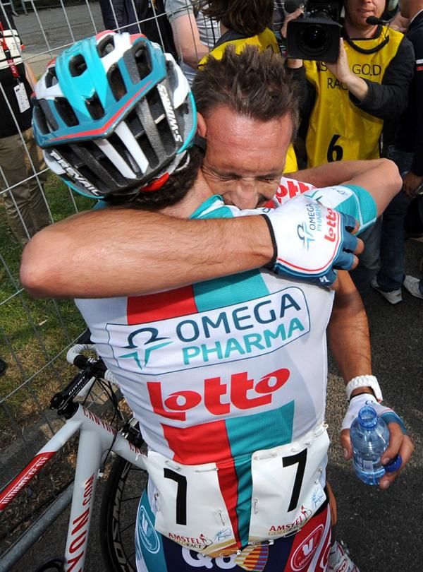Gilbert owed Jelle Vanendert more than just a hug - the Belgian chased down Scheck to set his captain up for the win.