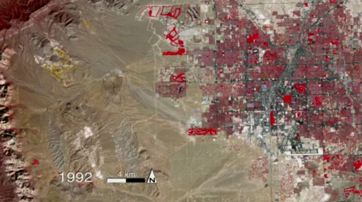 This image, which is part of a larger series, shows the city of Las Vegas&#039; sprawl in 1992, as seen by the Earth-watching Landsat satellites.