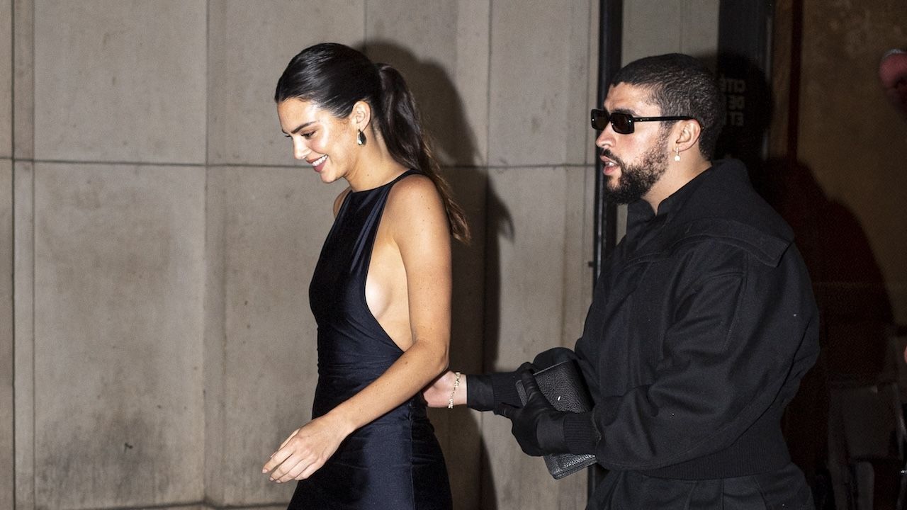 Kendall Jenner and Bad Bunny wearing all black outfits at Paris Couture Fashion Week June 2024