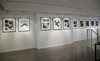 An wall display of framed images on a white wall in an exhibition room with white ceiling and brown floors