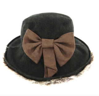 Ladies Bow Country Tweed Herringbone Hat With Faux Fur Brim