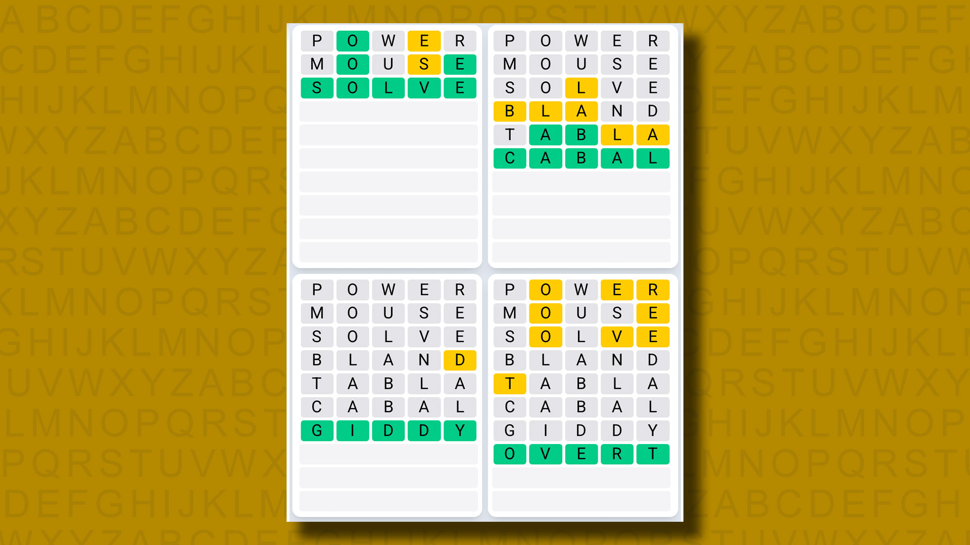 Quordle Daily Sequence answers for game 1270 on a yellow background