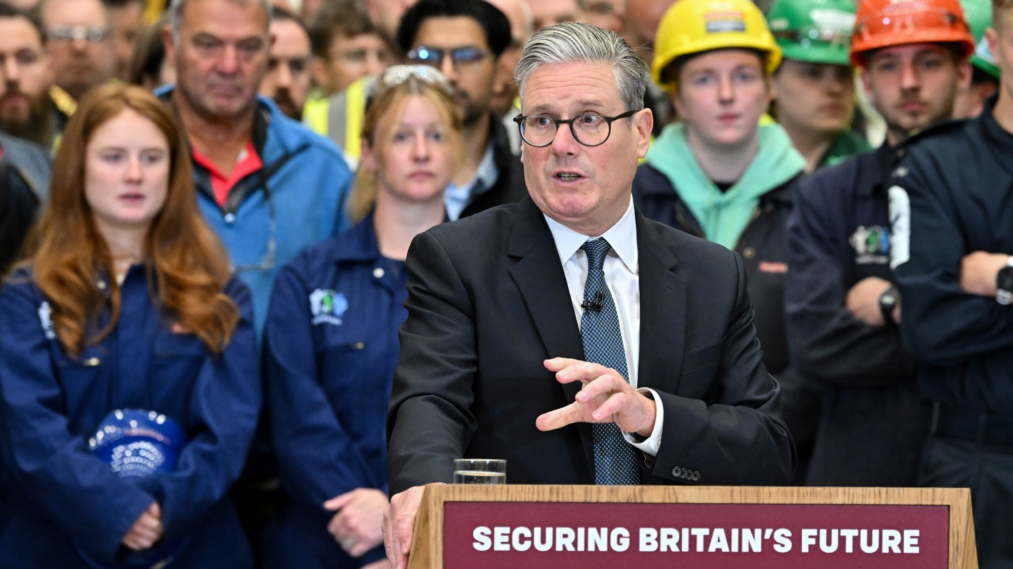 Keir Starmer delivers a speech during a visit to the BAE Systems' Govan facility in Glasgow
