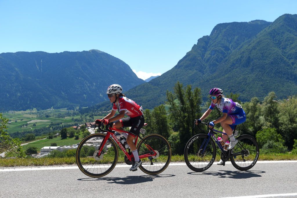 SAN LORENZO DORSINO ITALY JULY 09 LR Gaia Realini of Italy and Team Isolmant Premac Vittoria and Kristen Faulkner of United States and Team BikeExchange Jayco compete in the breakaway during the 33rd Giro dItalia Donne 2022 Stage 9 a 1128km stage from San Michele AllAdige to San Lorenzo Dorsino 727m GiroDonne UCIWWT on July 09 2022 in San Lorenzo Dorsino Italy Photo by Dario BelingheriGetty Images