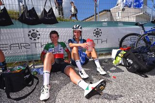 MONTE MATAJUR ITALY JULY 10 Elisa Longo Borghini of Italy Elisabeth DeignanArmitstead of United Kingdom and Team Trek Segafredo at arrival during the 32nd Giro dItalia Internazionale Femminile 2021 Stage 9 a 1226km stage from FelettoUmberto to Monte Matajur 1267m GiroDonne UCIWWT on July 10 2021 in Monte Matajur Italy Photo by Luc ClaessenGetty Images