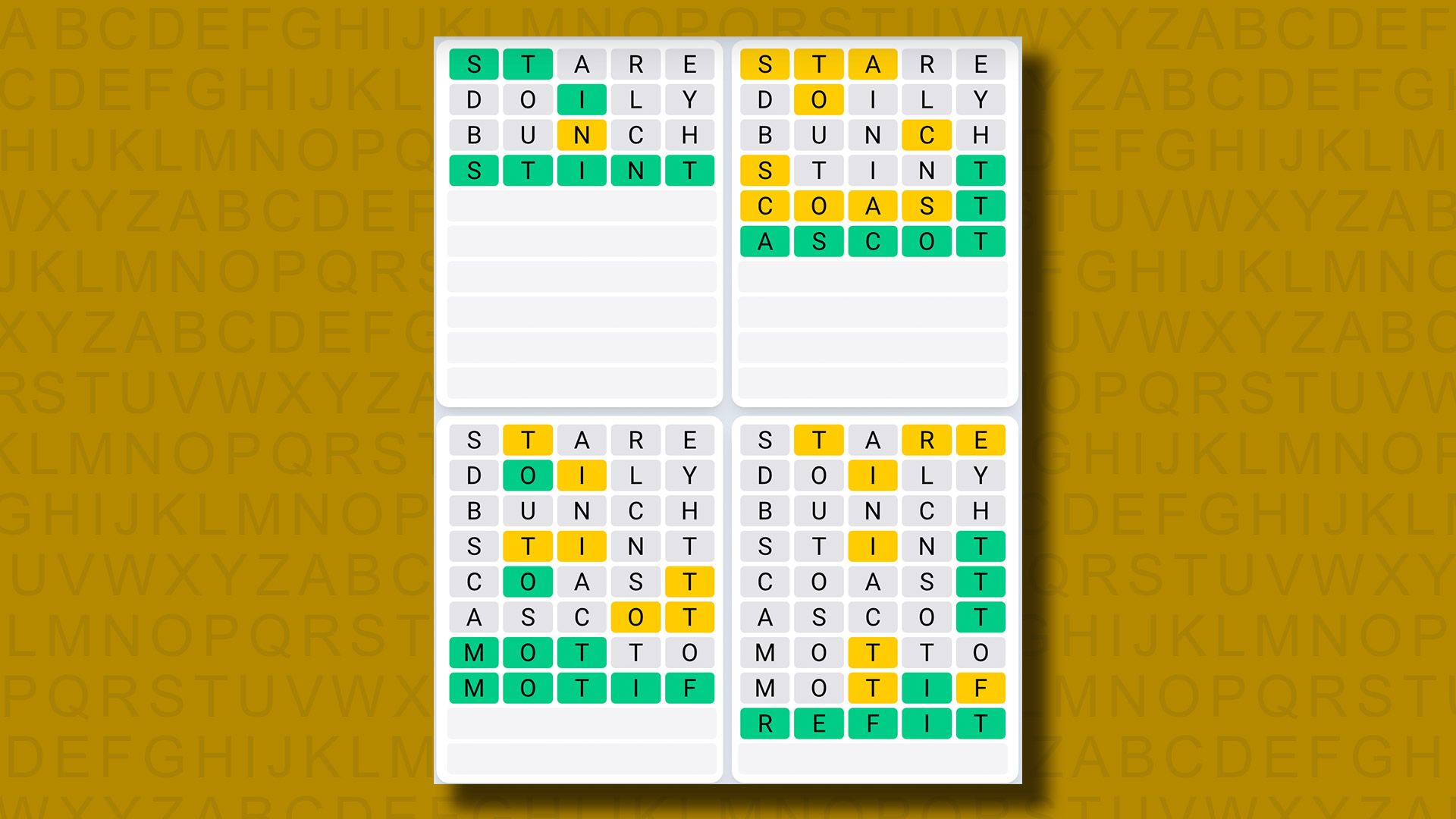 Quordle Daily Sequence answers for game 924 on a yellow background