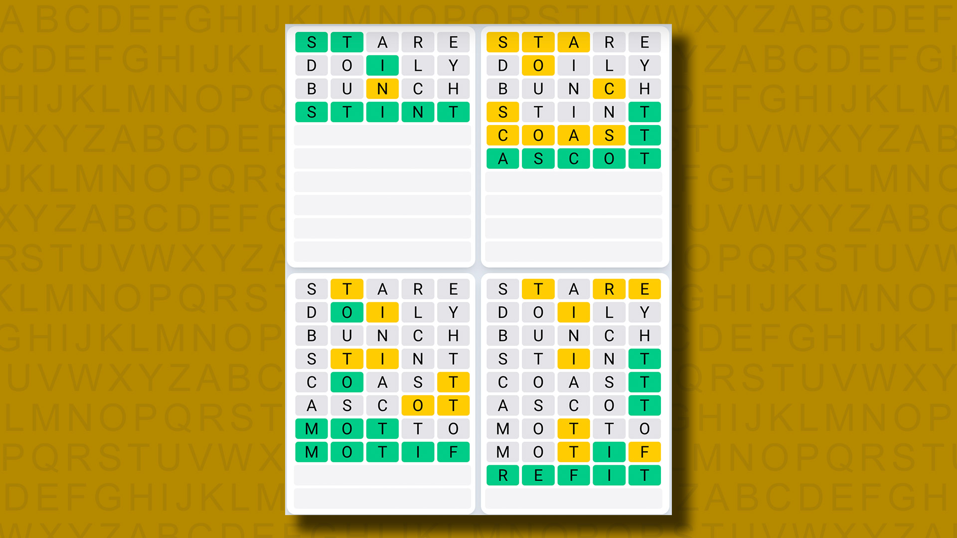 Quordle Daily Sequence Answers for Game 924 on a yellow background