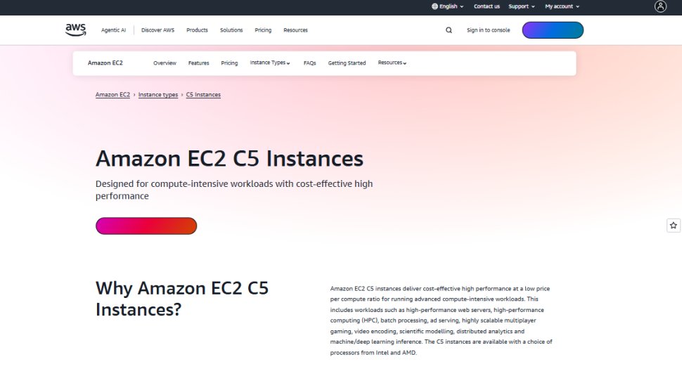Website screenshot of Amazon EC2 C5 Instances (August, 2025)