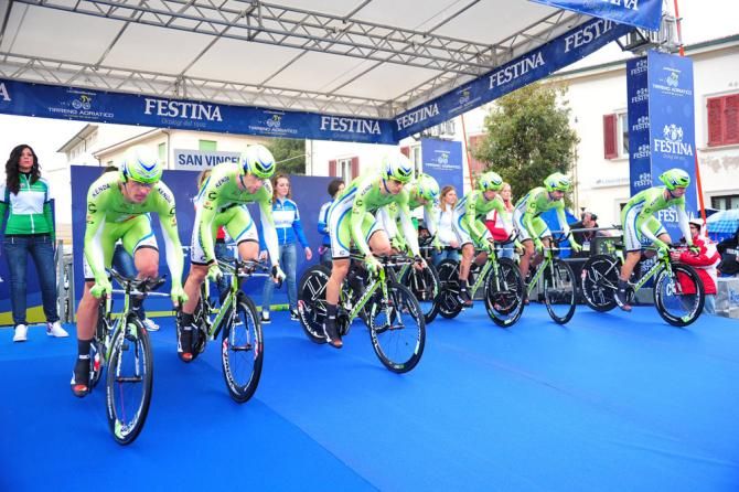 The Cannondale Pro Cycling team rolls off the start ramp.