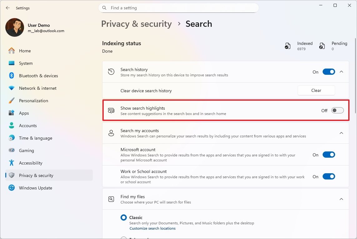 Disable Show search highlights