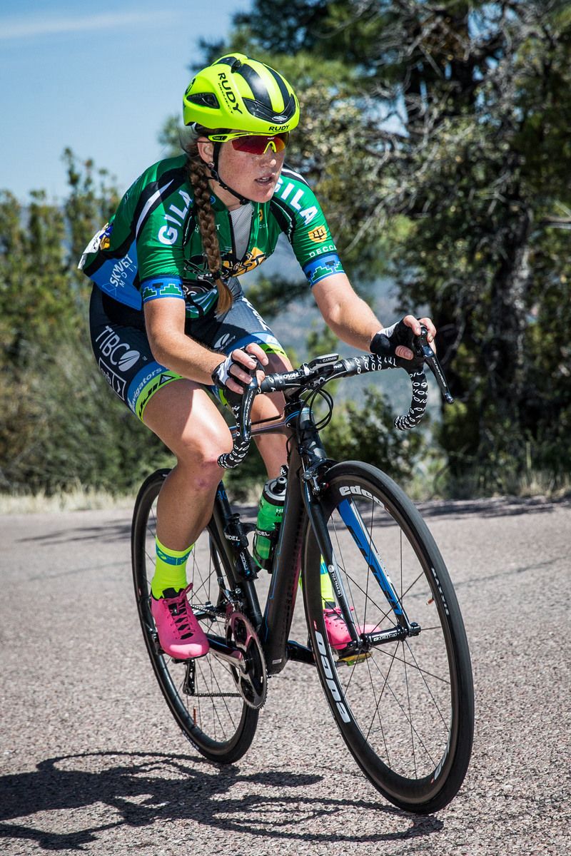 Lauren Stephens (TIBCO) tries to hang onto the sprinters jersey today