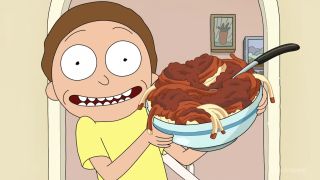 Morty holding spaghetti in Rick and Morty