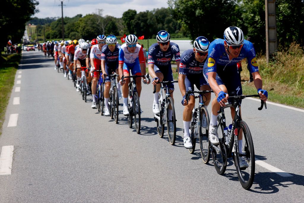 FOUGERES FRANCE JUNE 29 Tim Declercq of Belgium and Team Deceuninck QuickStep leads The Peloton during the 108th Tour de France 2021 Stage 4 a 1504km stage from Redon to Fougres LeTour TDF2021 on June 29 2021 in Fougeres France Photo by Chris GraythenGetty Images