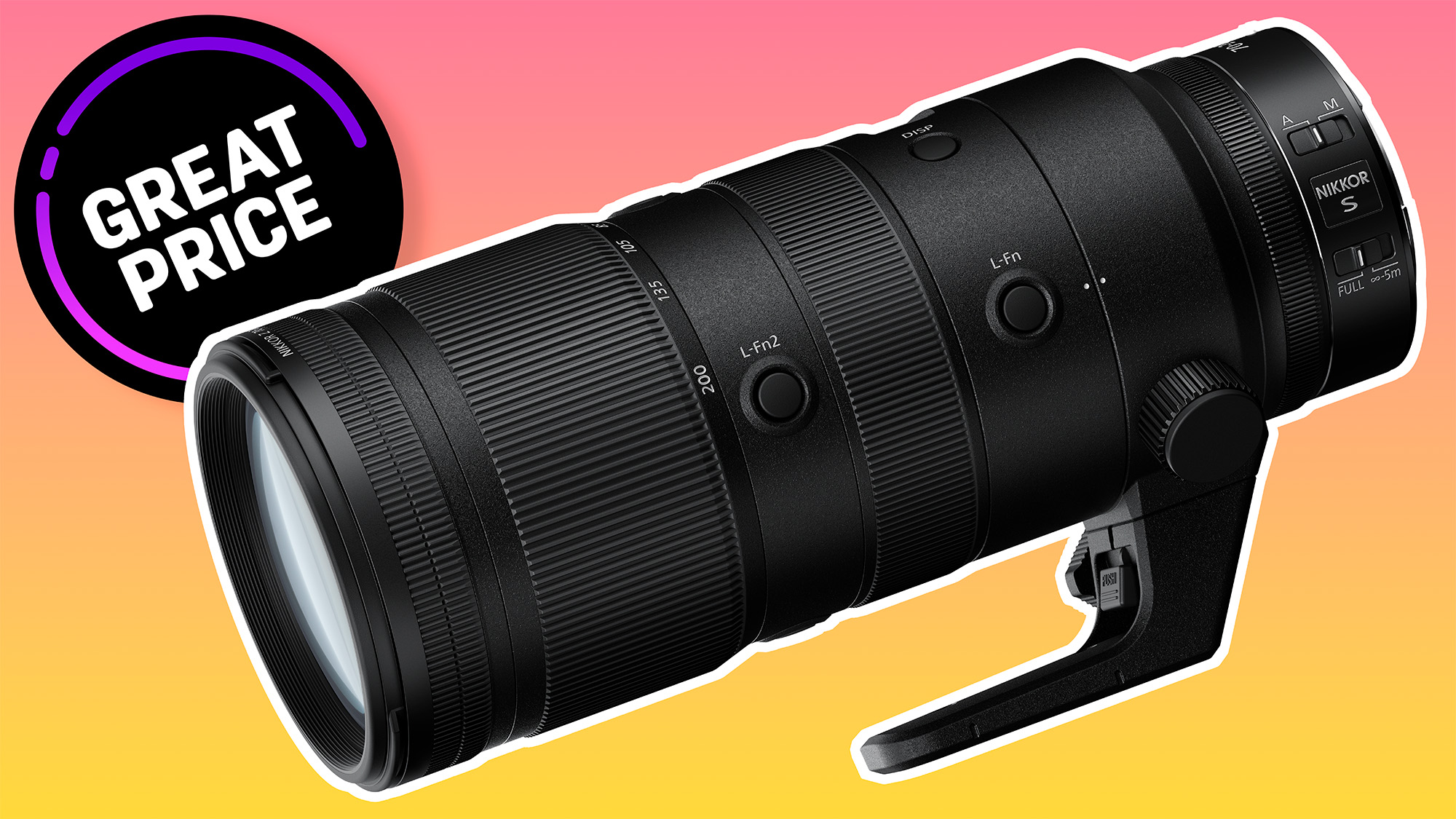 Nikon Z 70-200mm f/2.8 VR S on a yellow to pink gradient with 'Great Price' roundel