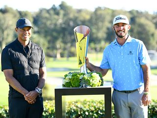 Max Homa with Tiger Woods after winning the Genesis Invitational