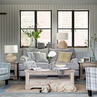 dog laying on a brown and blue rug in modern farmhouse style living room with grey panelled ealls, grey sofa and grey checkered armchairs