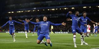 Reece James celebrates with Chelsea team-mates after scoring an equaliser against Ajax in the Champions League in November 2019.