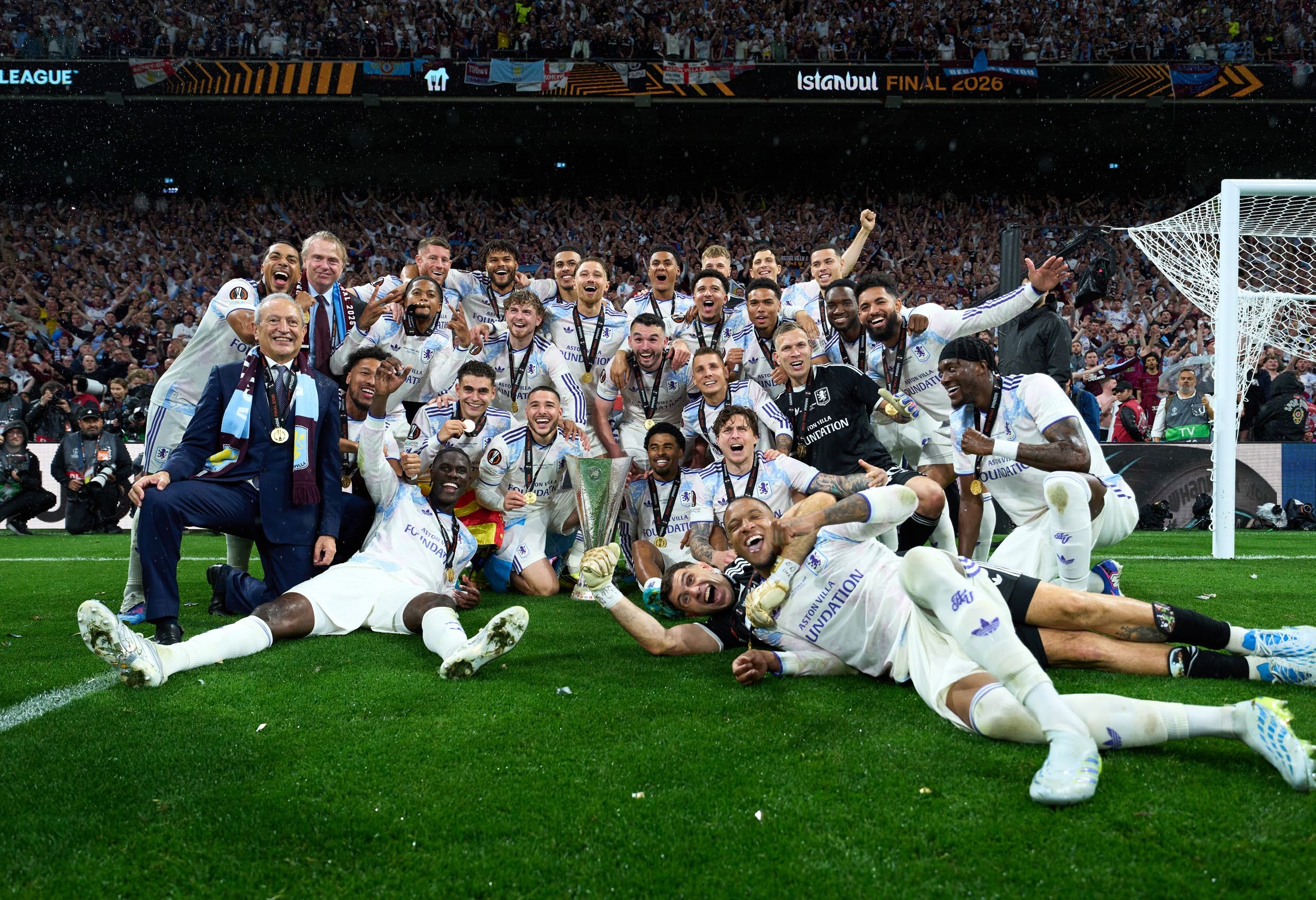 Players and staff of Aston Villa pose for a photo with the UEFA Europa League trophy following the team's victory. (Photo by Angel Martinez - UEFA/UEFA via Getty Images)
