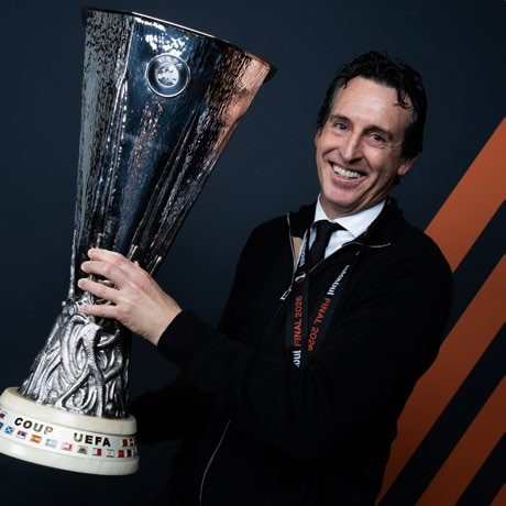 Unai Emery, Manager of Aston Villa poses for a photo with the UEFA Europa League trophy. (Photo by Alex Caparros - UEFA/UEFA via Getty Images)