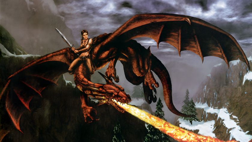 Drakan: Order of the Flame key art showing Rynn the female warrior riding Arokh the fire-breathing dragon.