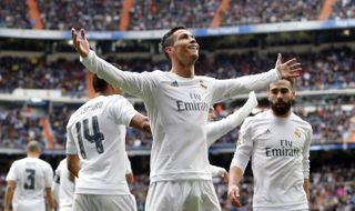 Cristiano Ronaldo celebrates after scoring one of his four goals for Real Madrid in a 7-1 win over Celta Vigo at the Santiago Bernabeu in March 2016.