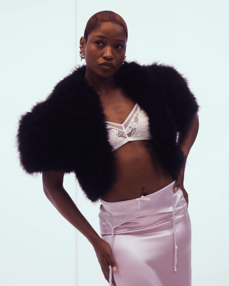 gif of Keke Palmer closing a black fur stole over a white bralette