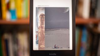 Amazon Kindle Colorsoft Signature edition e-reader showing graphic novels, cookbooks, and fiction, as well as settings