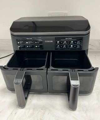 COSORI dual air fryer with open drawers