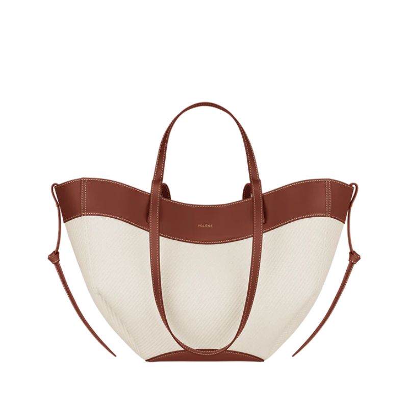 canvas and tan leather brown bag