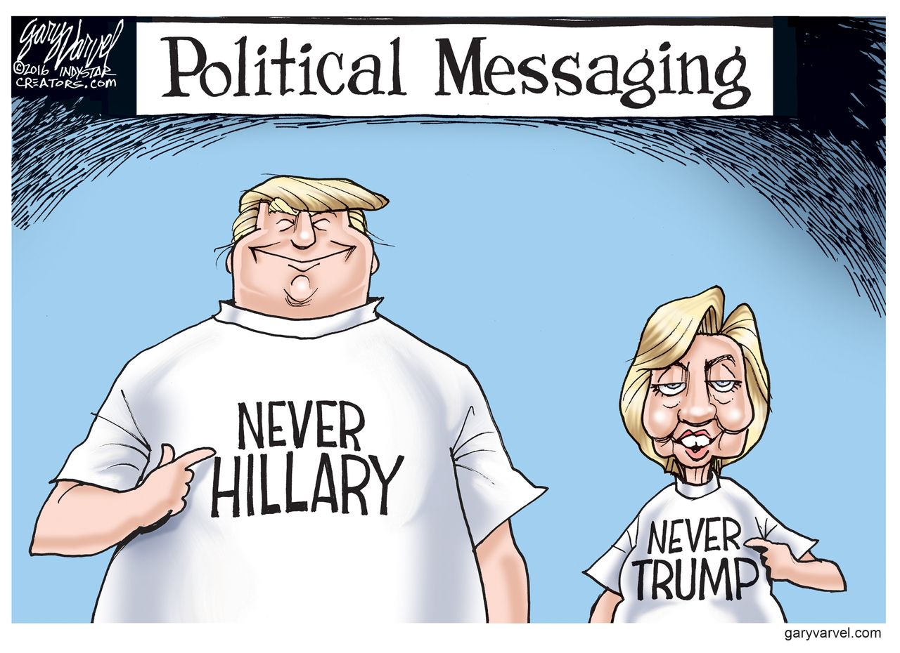 Political cartoon U.S. 2016 election Hillary Clinton Donald Trump political messaging