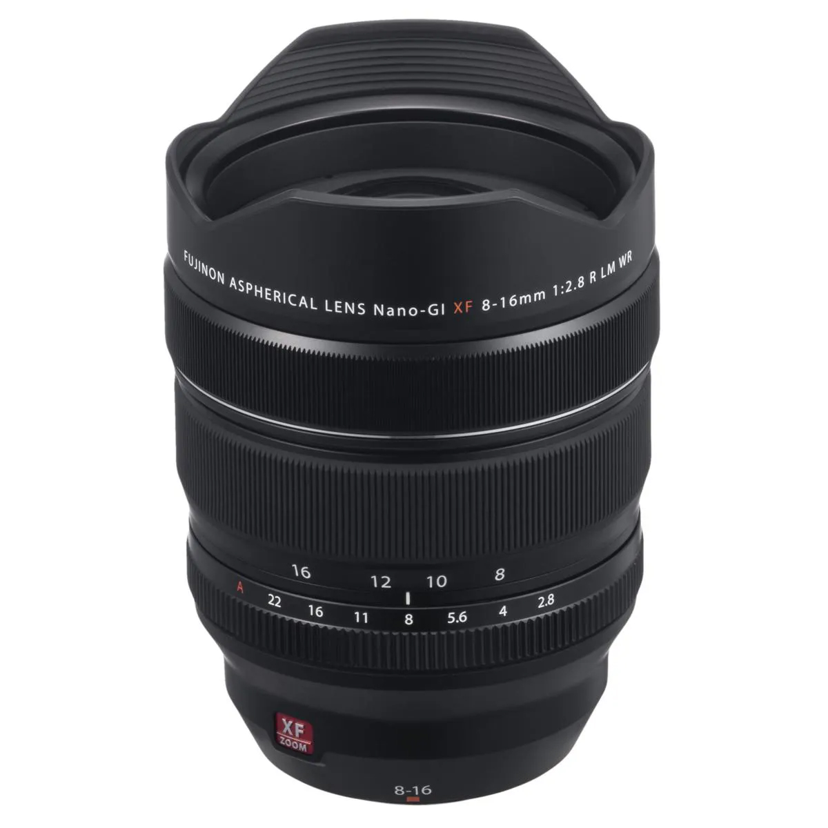 Fujifilm XF 8-16mm F2.8 R LM WR lens on a white background
