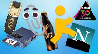 A collage of cellphones, zip drive, AIM symbol, clippy, coca cola, netscape navigator logo