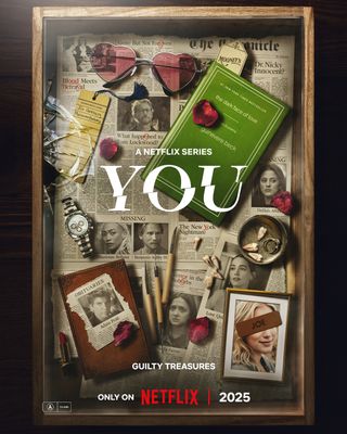 A teaser trailer for 'You' season 5, featuring several newspaper clippings and objects (Beck's book, heart-shaped glasses, a library bookmark, loose teeth, a watch, small knives, and red lipstick). The characters in the clippings include Tom Lockwood, Marianne, Benjamin, Love, Adam, Nadia, and Beck. It also reads, "A Netflix series. You. Guilty treasures. Only on Netflix in 2025."