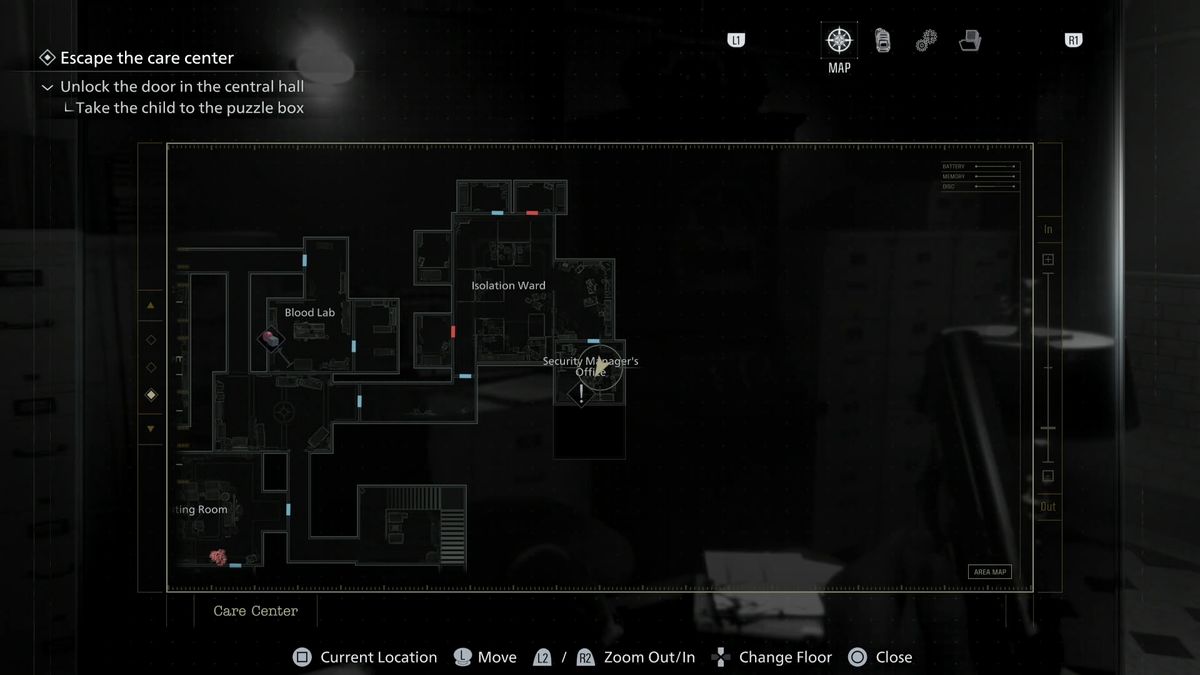Resident Evil Requiem map showing the security manager's office location