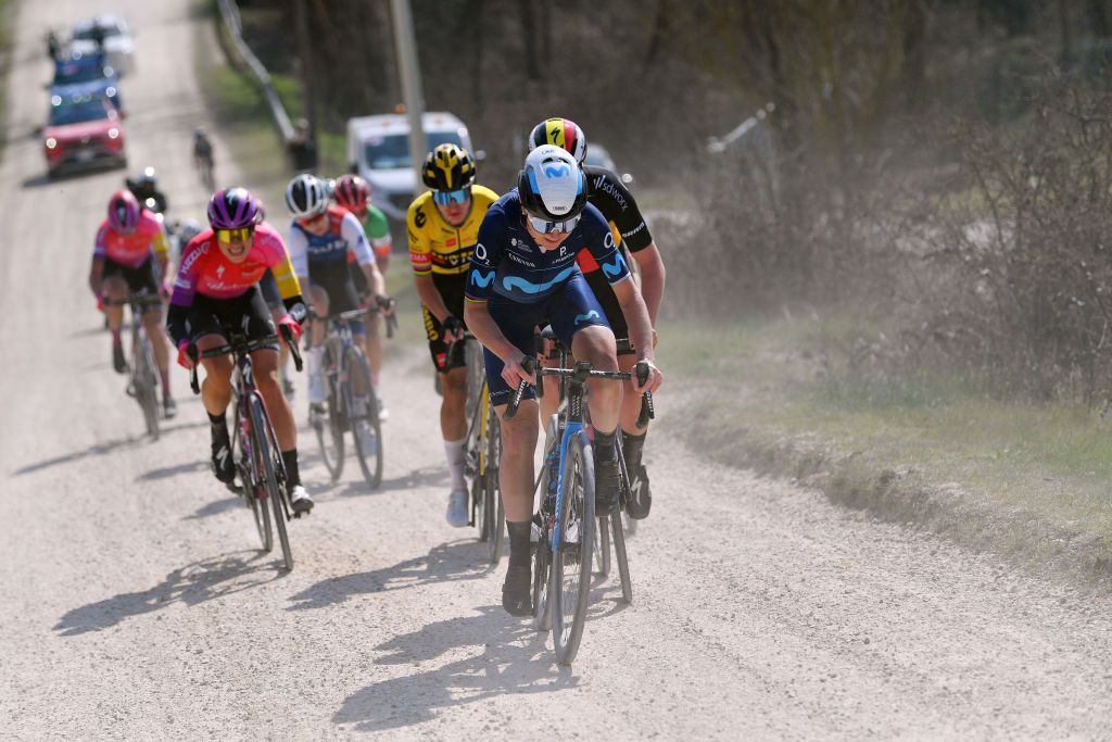 SIENA ITALY MARCH 05 Annemiek Van Vleuten of Netherlands and Movistar Team competes in the breakaway through gravel roads during the Eroica 8th Strade Bianche 2022 Womens Elite a 136km one day race from Siena to Siena Piazza del Campo 321m StradeBianche on March 05 2022 in Siena Italy Photo by Luc ClaessenGetty Images