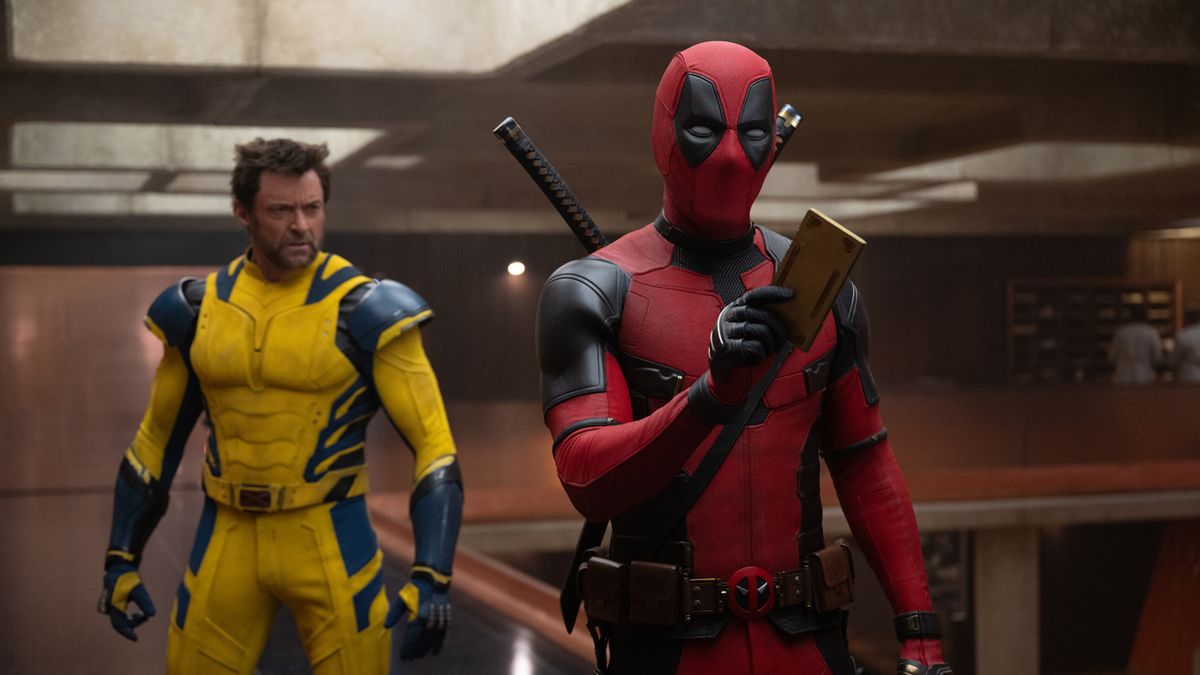 Wolverine (Hugh Jackman) and Deadpool (Ryan Reynolds) in the TVA in Deadpool &amp; Wolverine