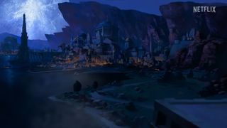 Dragon Age: Absolution teaser trailer - a far off view of a city at night with orange lit windows and with domed roofs in the shadow of a cliff.